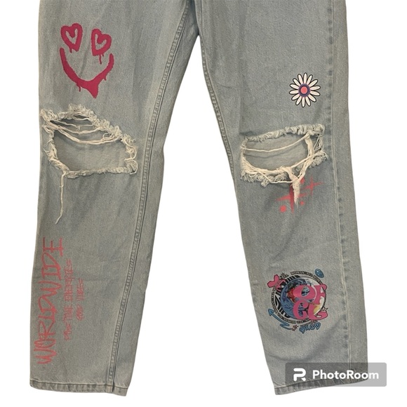 Boohoo straight leg distressed graffiti jeans size 6 90’s Y2K baggy grunge girly - Picture 6 of 13